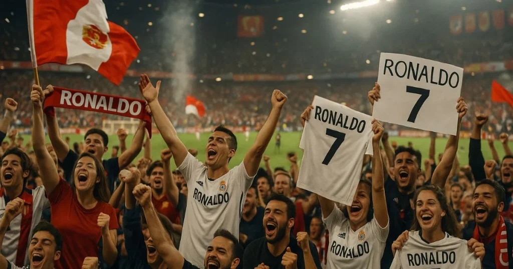 Cristiano Ronaldo comemorando a vitória com companheiros de equipe e torcedores; fãs seguram cartazes escritos "Ronaldo 7" — um momento marcante do futebol da hora.