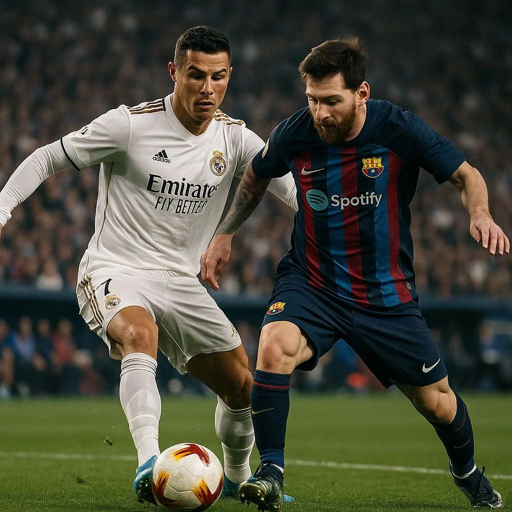 Ronaldo e Messi disputando a bola em um clássico do futebol — imagem simbólica da rivalidade entre lendas do esporte.