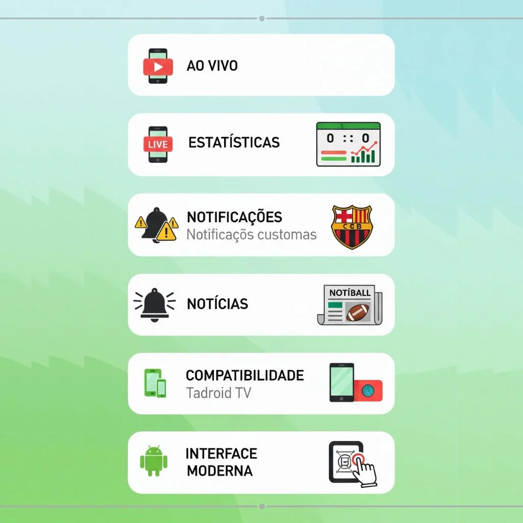 Infográfico com os principais recursos do APK Futemais, como futebol ao vivo, estatísticas e versão MOD sem anúncios.

